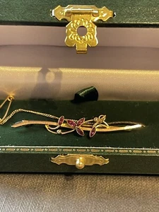 Antique 9ct Gold & Amethyst Bar Brooch With Chain - Picture 1 of 11