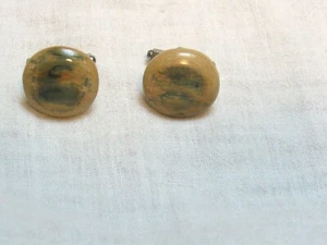 Vintage Pair Cufflinks Round Wood ? Stained Mottled Green Unusual! - Imagen 1 de 7