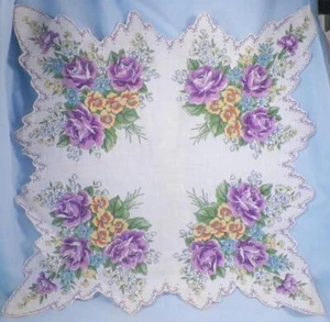 Hankie Purple Yellow Blue Flowers Cotton 16in Vintage Retro 1950 Handkerchief - Picture 1 of 5