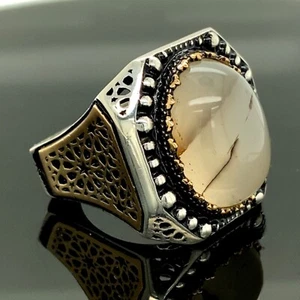 Men Handmade Ring Yemen Agate Ring, Large Agate Stone Ring 925k Silver Ring