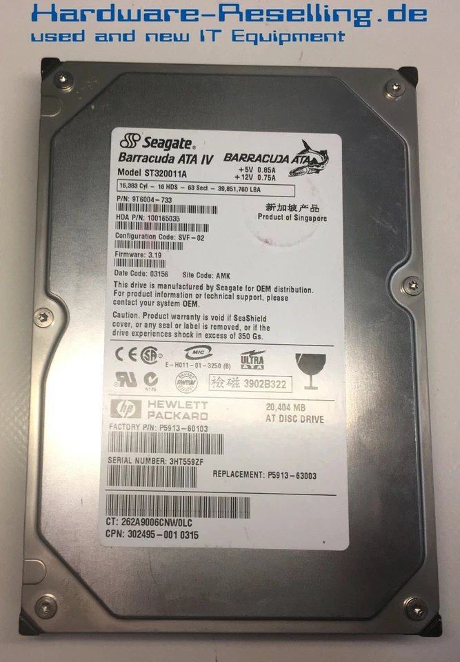 Seagate 20GB 7,2k Ide 2MB ST320011A P5913-60103 3,5 " HDD - Immagine 1 di 1