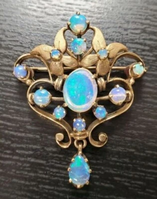 Натуральный огненный опал 2 карата овальная огранка винтажная брошь на булавке с цветком покрытие желтым золотом 14 карат - Изображение 1 из 4