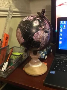 MINI WORLD ATLAS GLOBE OWN AXIS WOOD BASE  ORNAMENT BIRTHDAY CHRISTMAS - Picture 1 of 2