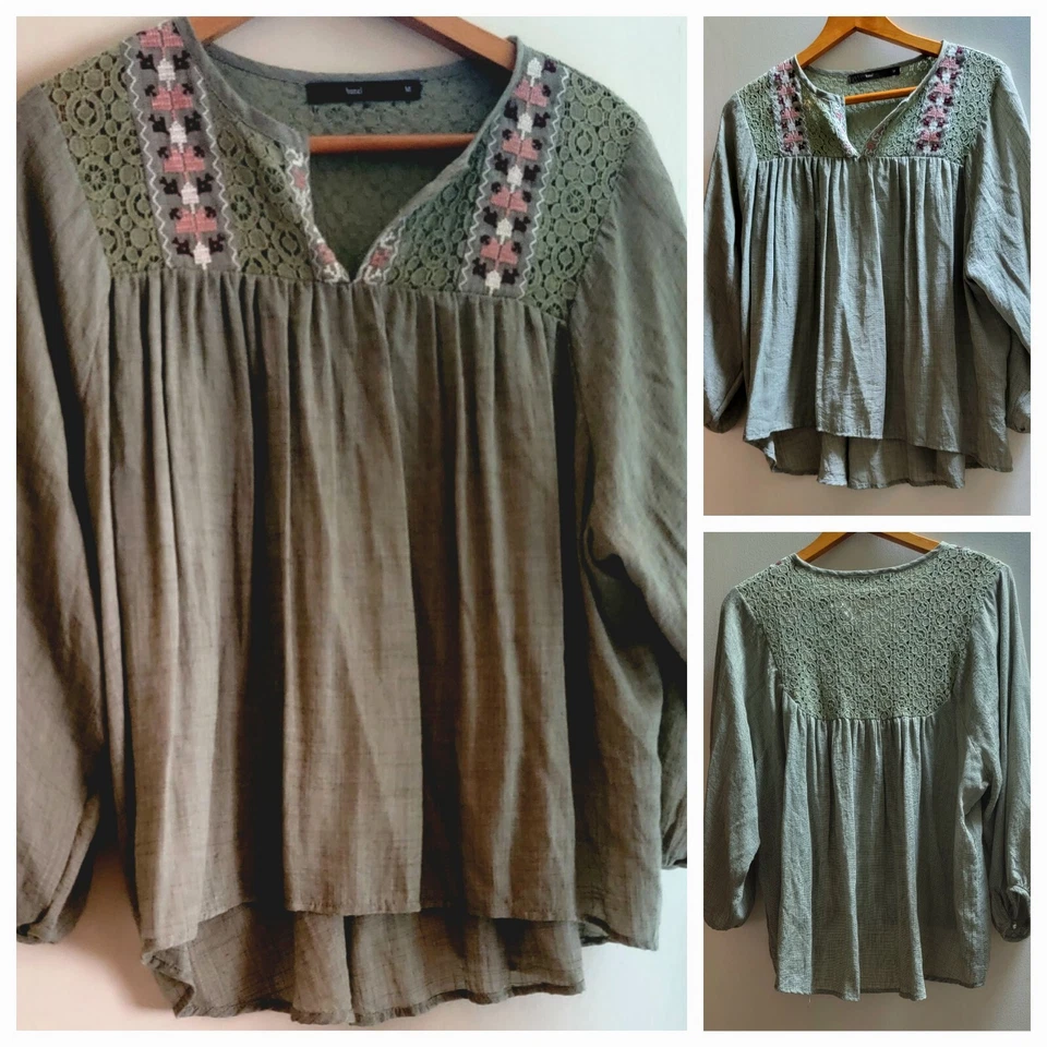 Blusa Anthropologie Hazel M Top Para Mujer Verde Salvia Bordado Encaje Boho Usada en Excelente Condición Foto 1 de 3