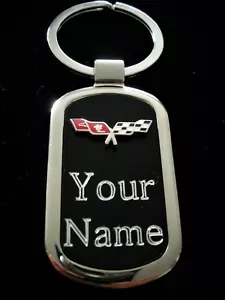 Corvette/Chevy Racing Flag Black Onyx & Silver Key Chain-Free Hand Engraving - Picture 1 of 1