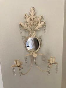 VINTAGE ~CREAM  METAL CANDLEHOLDER W/ MIRROR #162 - Picture 1 of 12