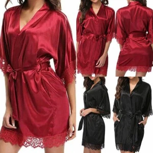 Womens Sexy Satin Lingerie Silk Lace Robe Dress Babydoll Nightdress Sleepwear - Picture 1 of 21