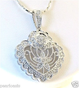 Antique Style Heart Diamond Pendant, 0.25 Ct. 14K White Gold, 3.9 Grams, NEW - Picture 1 of 3