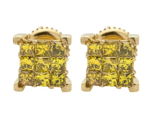 Unisex 10K Yellow Gold 4 Prong Cube Princess Canary Diamond Earrings 1.0ct 8MM - Picture 1 of 5