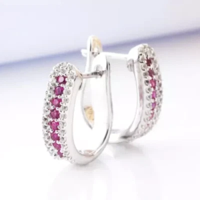 2Ct Round Cut Created Red Ruby Diamond Hoop Women Earring 14K White Gold Plated - Image 1 of 4