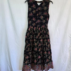 L.G.S. Abito midi vintage anni 90 nero rosa floreale senza maniche ricamato grande petite - Foto 1 di 10