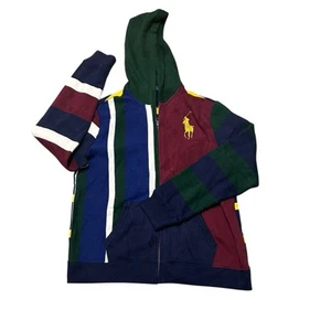 Polo Ralph Lauren Red Multi Color-block Stripe Pattern Fleece Hoodie XL 18/20 - Picture 1 of 10