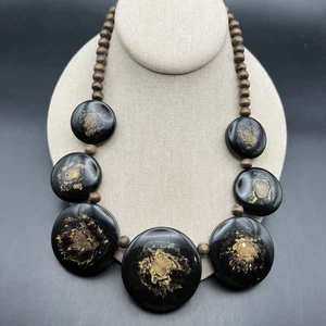 Chunky Boho Statement Necklace Brown Wooden Plastic Beaded Bold Bib Round Disc - Picture 1 of 6