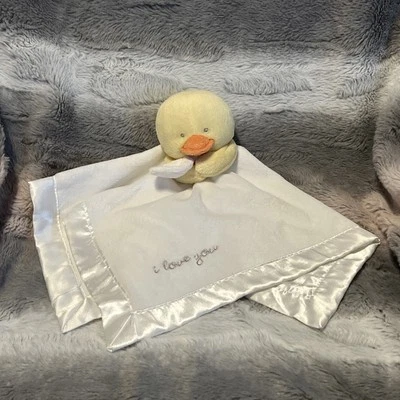 Manta de seguridad Carters Duck Lovey bebé muñeca de felpa amarilla abrazo sonajero satinado Foto 1 de 4