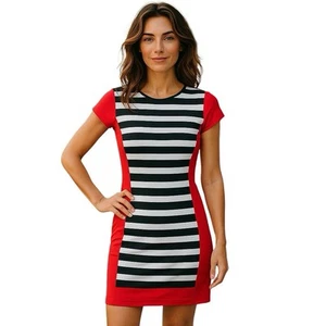 Susana Monaco Red Black White Striped Nylon Sheath Sleeveless Dress Size Small - Picture 1 of 6