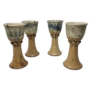 Set of 4 Studio Art Pottery Drink Goblets Handmade Thrown Ren Faire Rustic - Picture 1 of 4