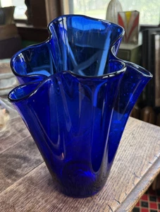 Vintage Mid Century Murano Style Handkerchief Ruffle Cobalt Blue Vase 9.75" - Picture 1 of 6