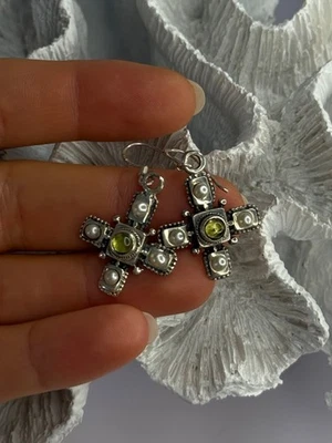 925 Sterling Silver Green Amber & Pearl Cross Earrings Length 1.50 Inch - Image 1 of 4