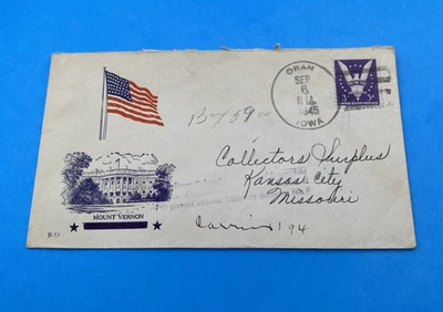 1945 Oran IA WWII Patriotic Cover #905 Win the War US Flag & Mount Vernon Cachet - Image 1 of 4
