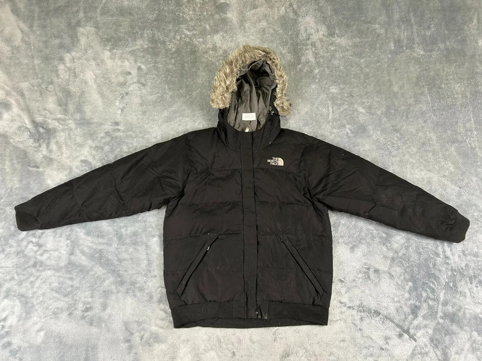 THE NORTH FACE 550 DOWN PUFFER GIRLS JACKET LARGE BLACK HOODED FAUX FUR - Image 1 of 4