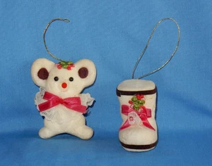 Vintage beflockter Styropor Weihnachtsschmuck Teddybär & Stiefelschuh - Bild 1 von 14