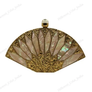 Luxury Fan Shape Golden Color, Mother of Pearl Shell Brass Clutch Purse for Her - Picture 1 of 4