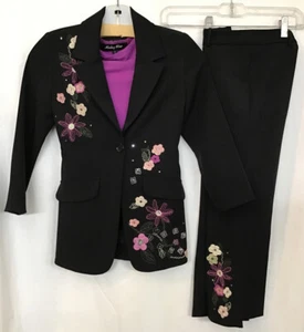 Monkey Wear 3pcPant Suit Kids Black With Purple Embroidered Flowers Size 7 - Picture 1 of 10