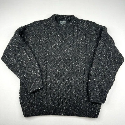 Filson Wool Fisherman's Sweater Men's Size L Cable Hand Knit Black Fleck