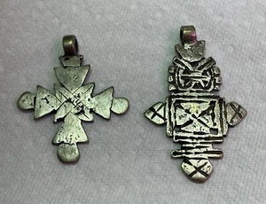 2 Ethiopian Coptic Crosses Silver Tone Brass Pendants African Vtg - Picture 1 of 8