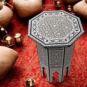 W175 Mother Of Pearl Octagonal corner Morocco Wood End Coffee Table With Trinket - Picture 1 of 6