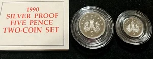 1990 UK UNITED KINGDOM - Silver Proof Five Pence 2 Coin Set w Box & COA - Picture 1 of 2