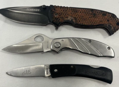 Schrade Pocket Knives  Sch001,  Sch501,  SP3 Lot of 3 W/Sheath - Image 1 of 4