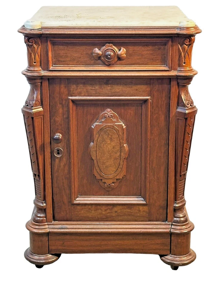 Antigua mesa de noche victoriana de nogal con pedestal de mármol 1860 1/2 cómoda Foto 1 de 4