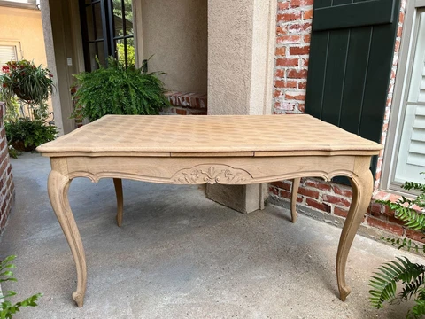 Antique French Country Dining Kitchen Table Stripped Bleached Draw Leaf Parquet Cover