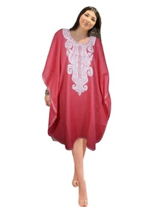 Women's Coral Pink Cotton Kaftan Midi Dress Boho Embroidered Travel Lounge L-4X - Picture 1 of 4