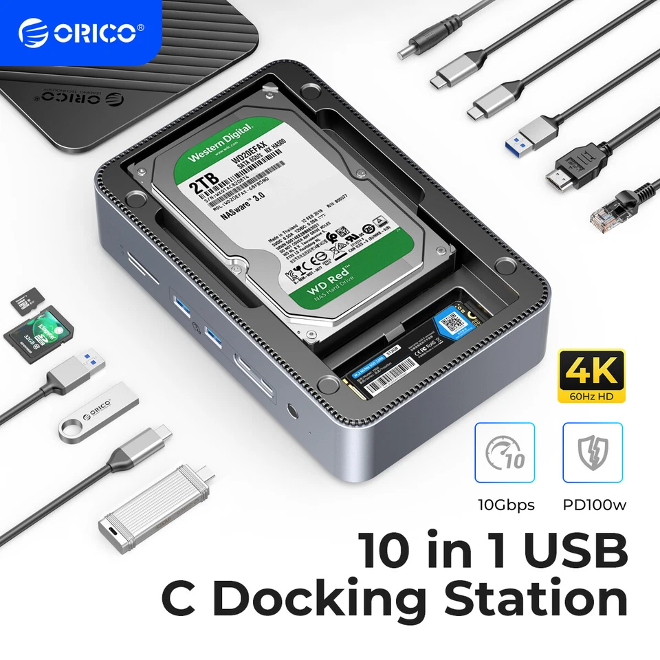 ORICO M.2 3 5"/2 5" Dual HDD/SSD Gehäuse USB C HUB 10in1 Dockin Station PD100W *