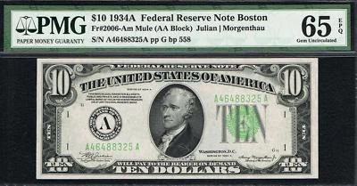 $10 1934A Boston Mule FRN. Fr. 2006-Am. TOP POP. VERY RARE MULE. PMG 65 EPQ - Image 1 of 4