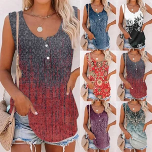 Plus Size Women Floral Tank Tops Ladies Sleeveless Summer Beach Vest Cami Shirts - Picture 1 of 25