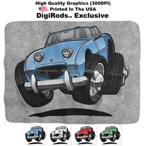DigiRods Austin Healey Bugeye Sprite Convertible Cartoon Car Sherpa Blanket - Picture 1 of 4