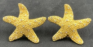 Swarovski Crystal Starfish Earrings 2" Clip On Gold Tone Textured Vintage - Picture 1 of 7