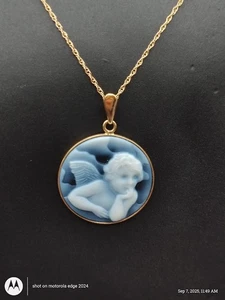 Engel Anhänger Kamee wendbar 14 Kt Gelbgold Onyx und 14k Kette Halskette EUC - Bild 1 von 7