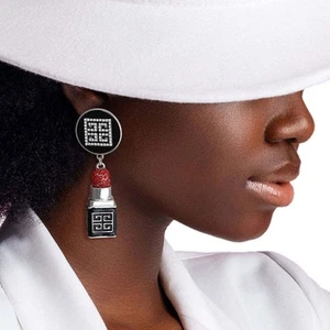Silver Greek Key 3D Lipstick Charm Earrings - Picture 1 of 4