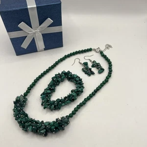 MALACHITE Necklace Bracelet Earrings 3 Pc SET Hand-Crafted GENUINE Bead NEW NIB - Picture 1 of 14