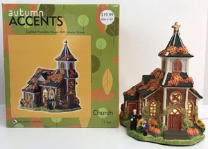 Autumn Accents Church Lighted Porcelain Fall Christmas Village Look Thru Window - Picture 1 of 17