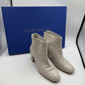 Stuart Weitzman Shoes Womens Size 8.5 M White Leather Block Heel Booties Zip - Picture 1 of 20