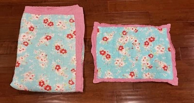 Vintage Pottery Barn Kids Floral Twin Quilt Pillow Sham Colorful Cottage Aqua - Image 1 of 3