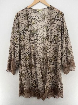 Cárdigan ONE WORLD 1x Plus Estampado Animal Borde de Encaje Frente Abierto Transparente Kimono Marrón Foto 1 de 4