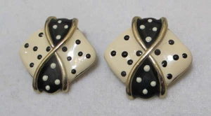 Vtg 1.25” Black & Cream Enamel Polka Dots Gold Tone Post Pierced Earrings - Picture 1 of 12