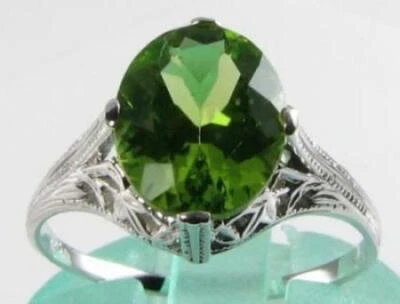 LARGE 9CT WHITE GOLD PERIDOT 10mm x 8mm SOLITAIRE ART DECO INS RING FREE RESIZE - Image 1 of 4