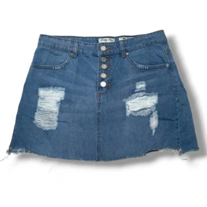 Indigo Rein Button Fly Denim Mini Skirt-Size 11-Distressed-Raw Hem-Y2K-Micro - Picture 1 of 7